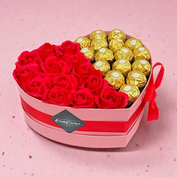 Classic szív box - Ferrero + vörös rózsa