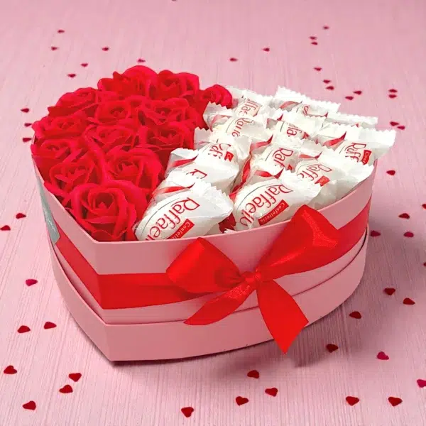 Classic szív box - Raffaello + vörös rózsa