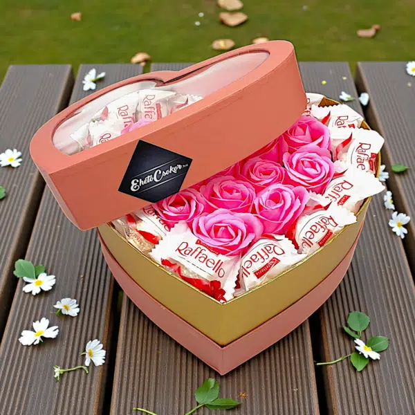 Heart box - Raffaello + pink rózsa