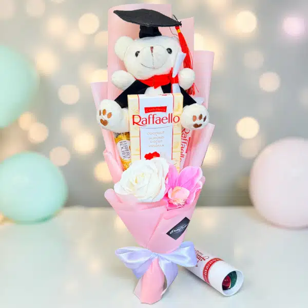 Fehér maci ballagó csokor